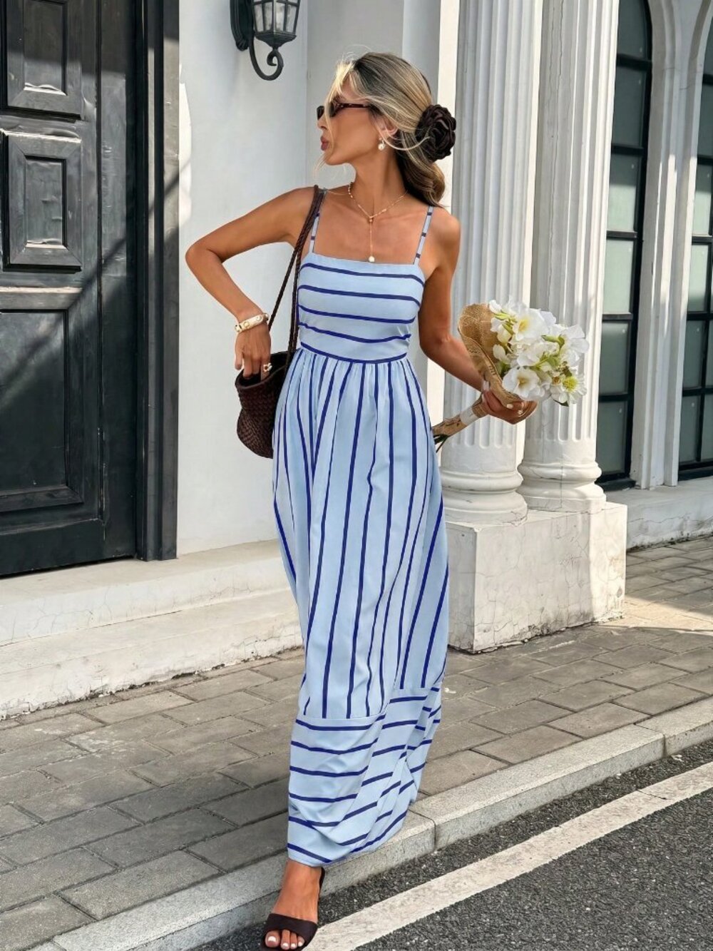 Blue Striped Casual Spaghetti Strap Women's Vacation Dress - Picture 6 of 8